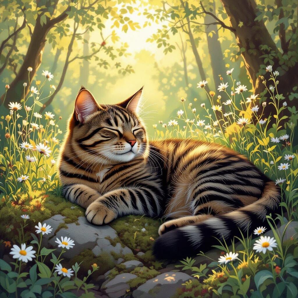 Tabby Cat Nap in Enchanted Forest, Art Nouveau Style