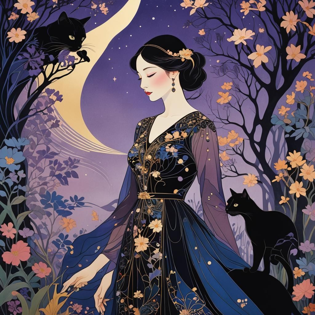 Elegant Lady with Black Cat in Art Nouveau Style