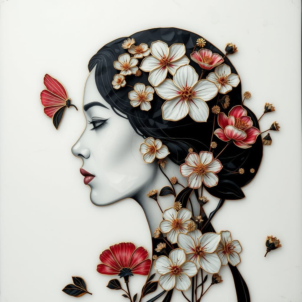 Woman Profile with Golden Kintsugi Joints in Black and White