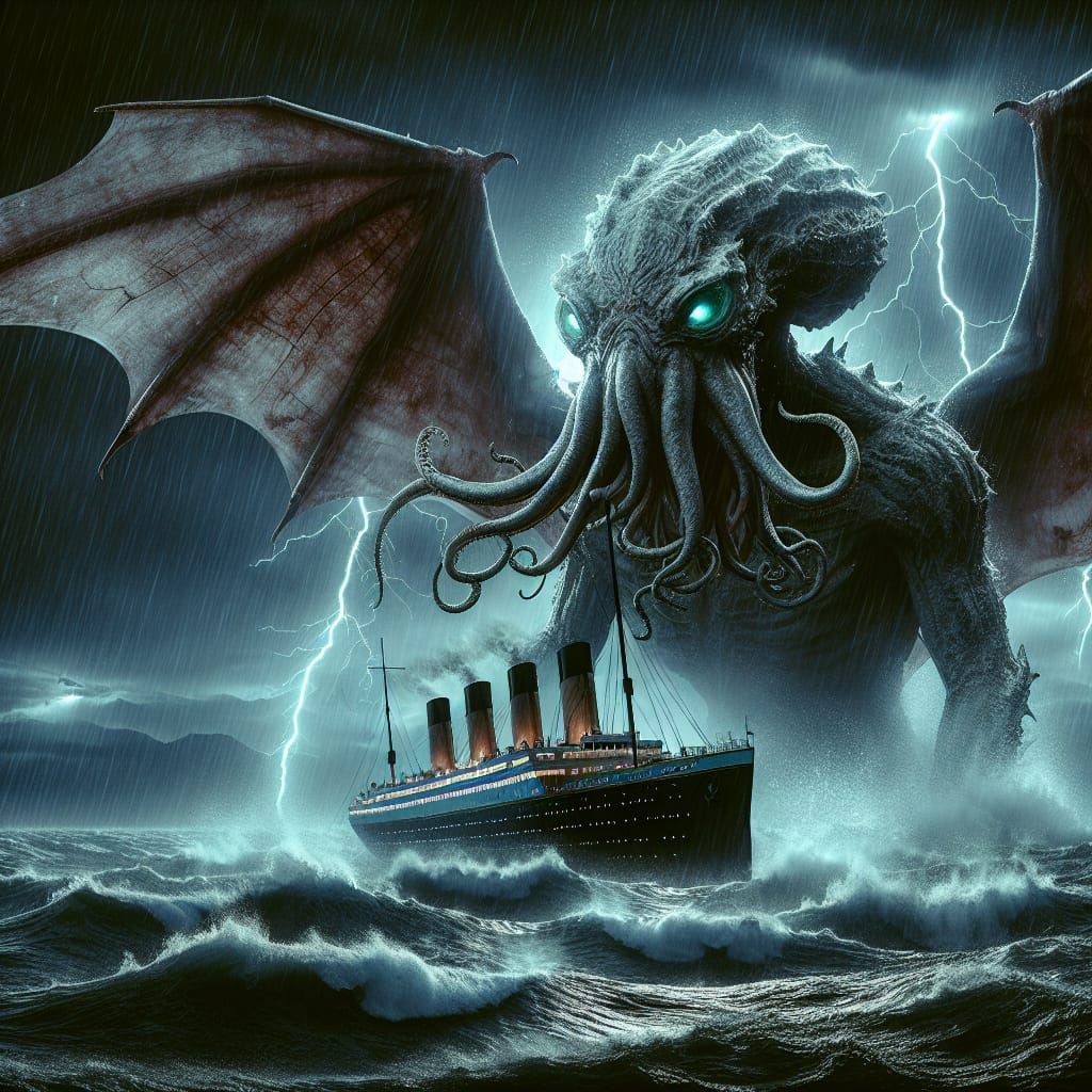 Cthulhu Emerges from the Deep Ocean During a Storm