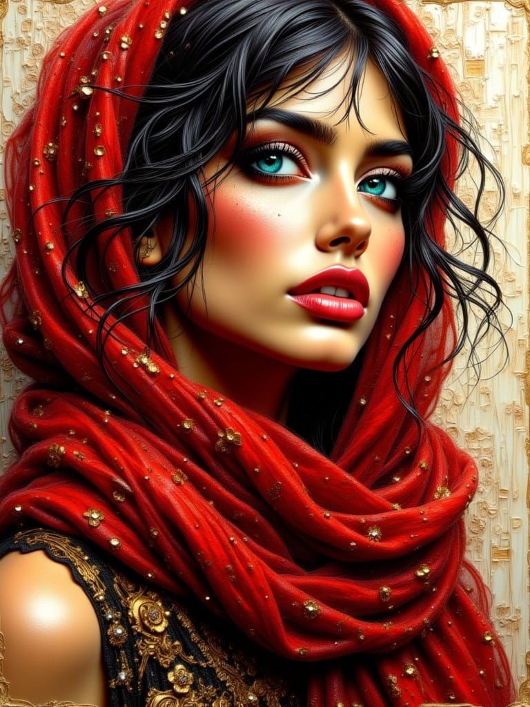 Sultry Woman in Red Scarf: Oil Painting Portrait