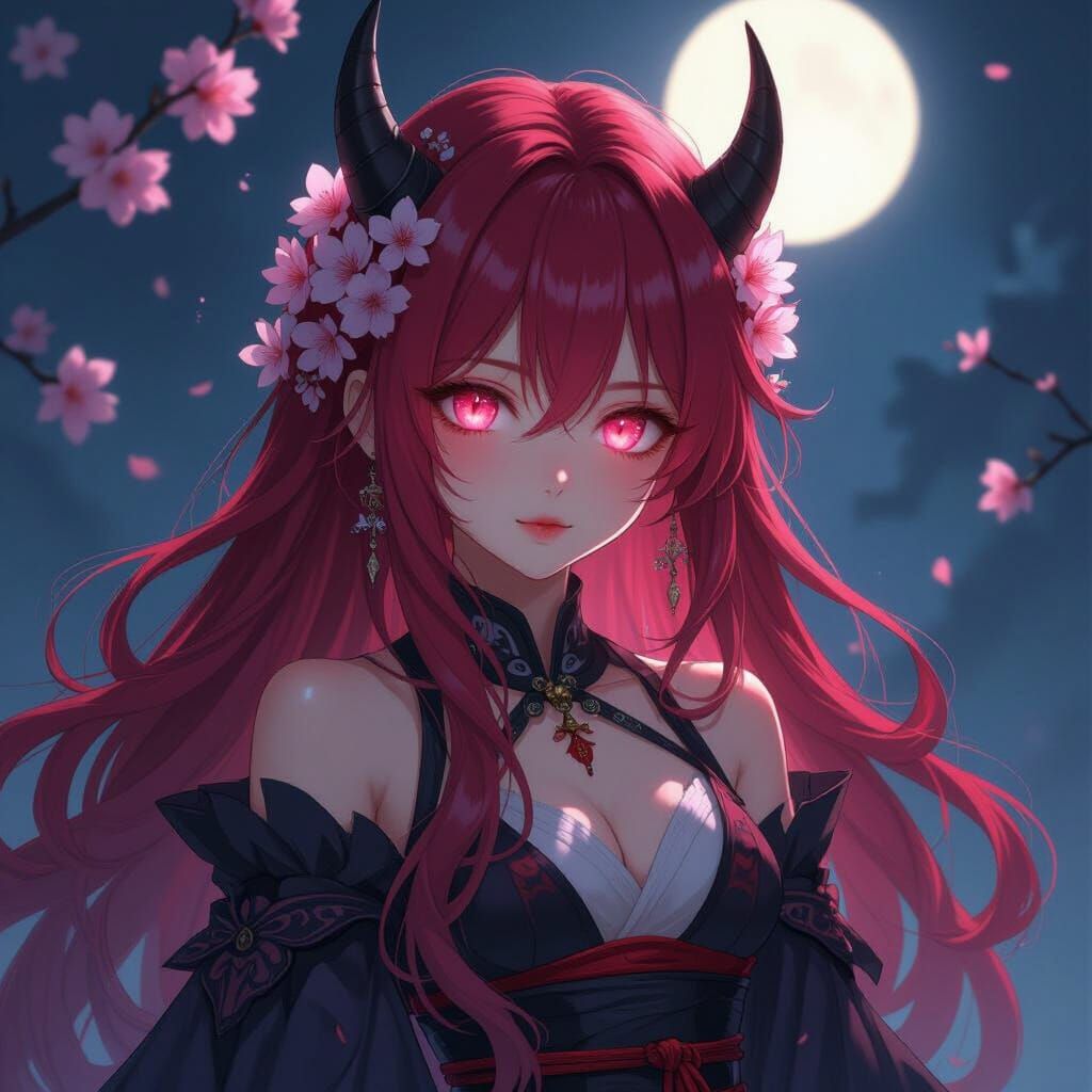 Demon Girl with Sakura Hair in Moonlight