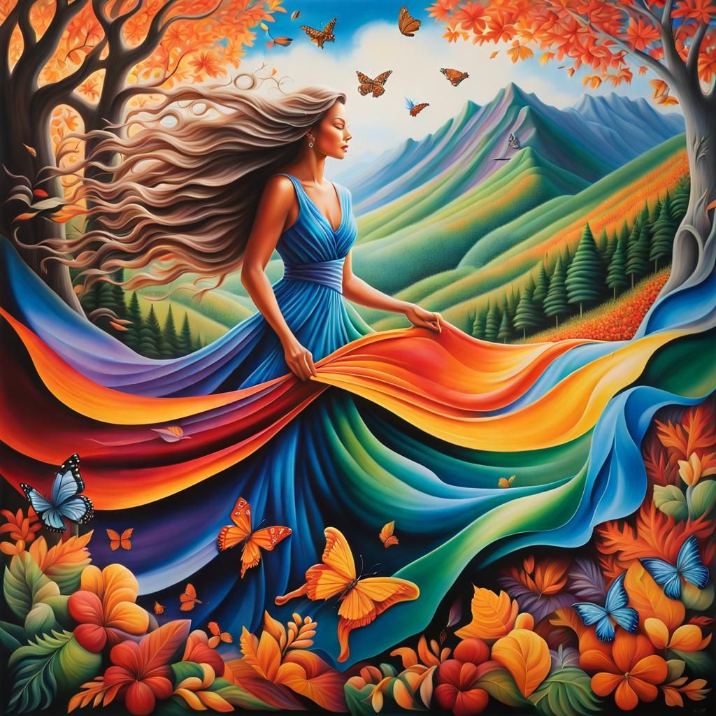 Airbrush Art: Woman in Wind with Colorful Flora