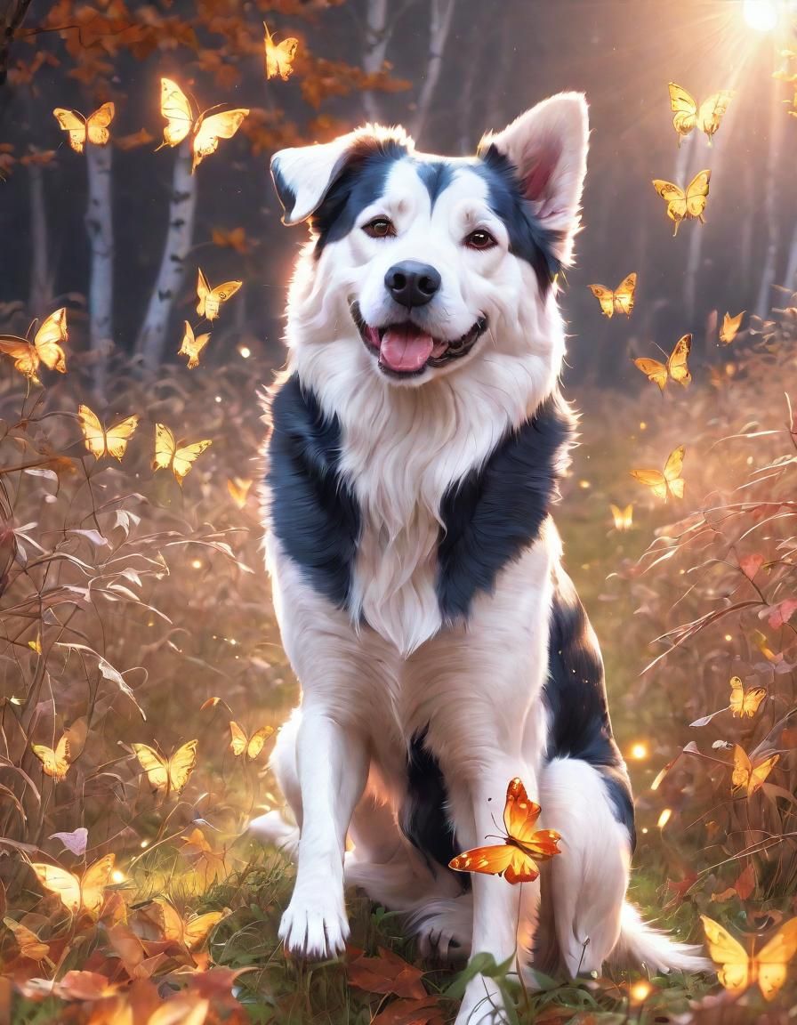 Golden Fantasy: Happy Dog in Autumn Sunlight
