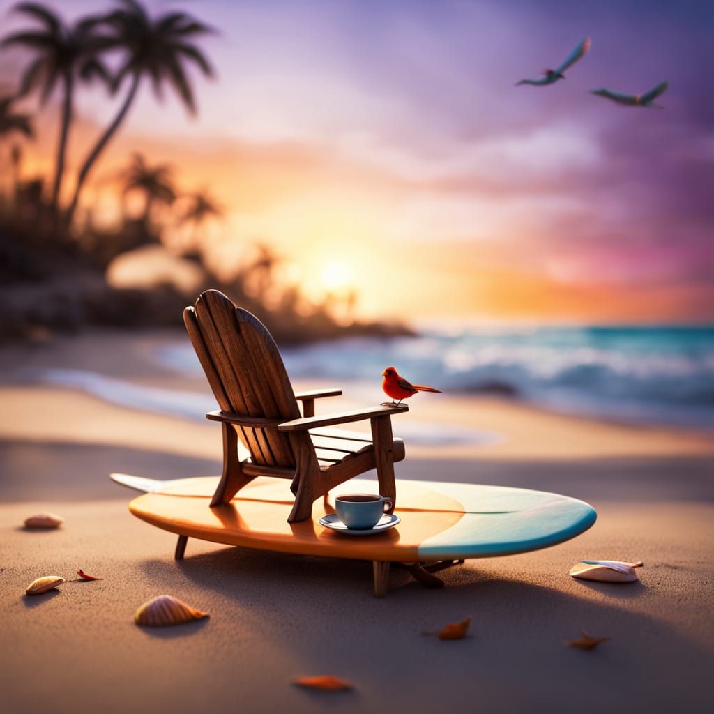 Surreal Beach Scene in a Teacup: Whimsical Digital Artwork