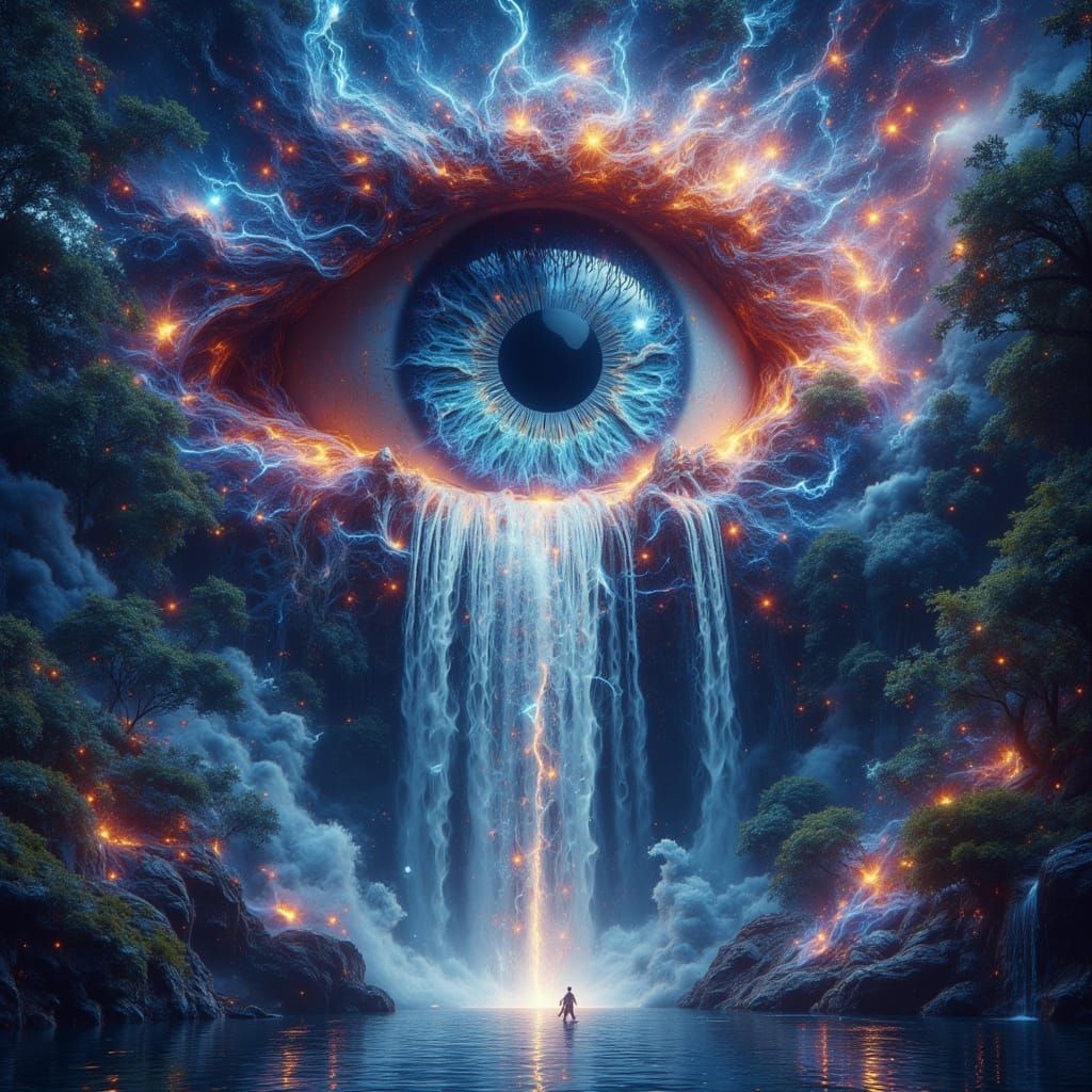 Cosmic Eye Watches Over Alien Jungle Waterfall