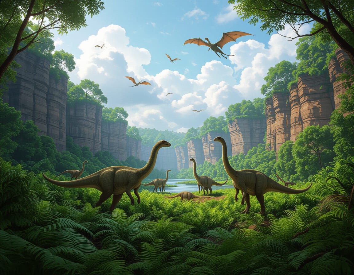 Prehistoric Forest with Dinosaurs and Volcanic Cliffs