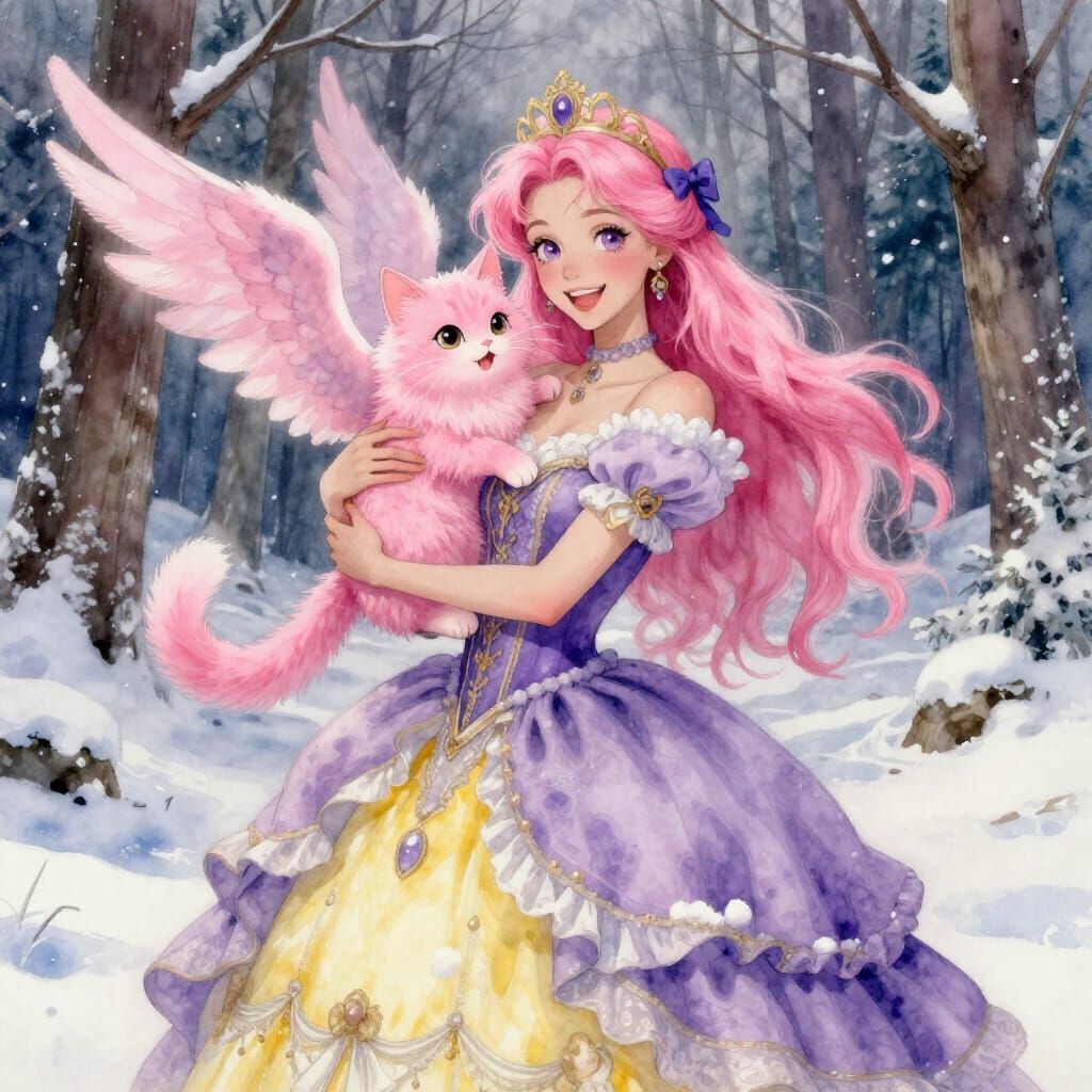 Winter Ball Gown Woman Holds Fluffy Cat in Snowy Forest