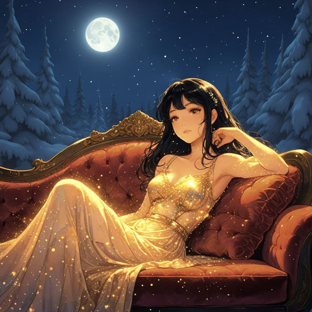 Anime Woman in Stardust Dress on Velvet Chaise