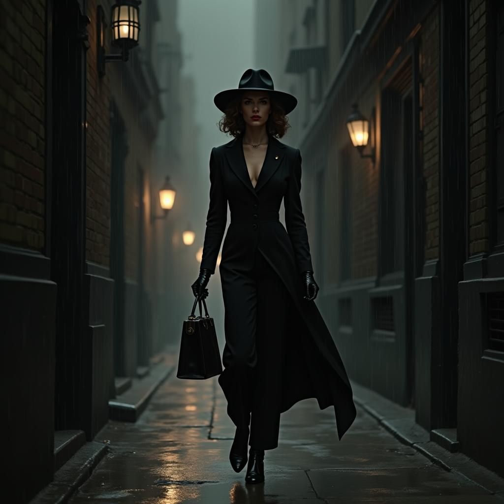 Female Spy in 1940s Cityscape, Pulp Illustration