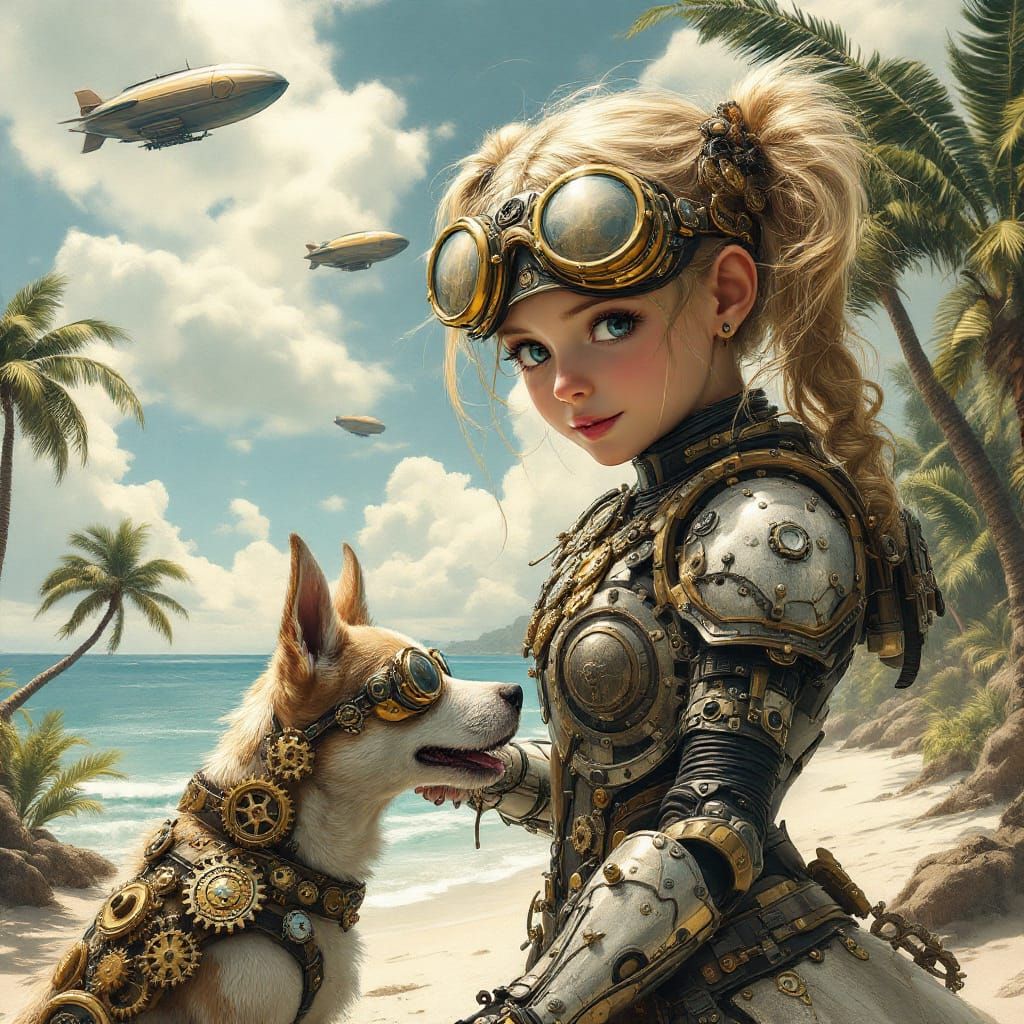 Steampunk Girl and Mechanical Dog on Tropical Beach