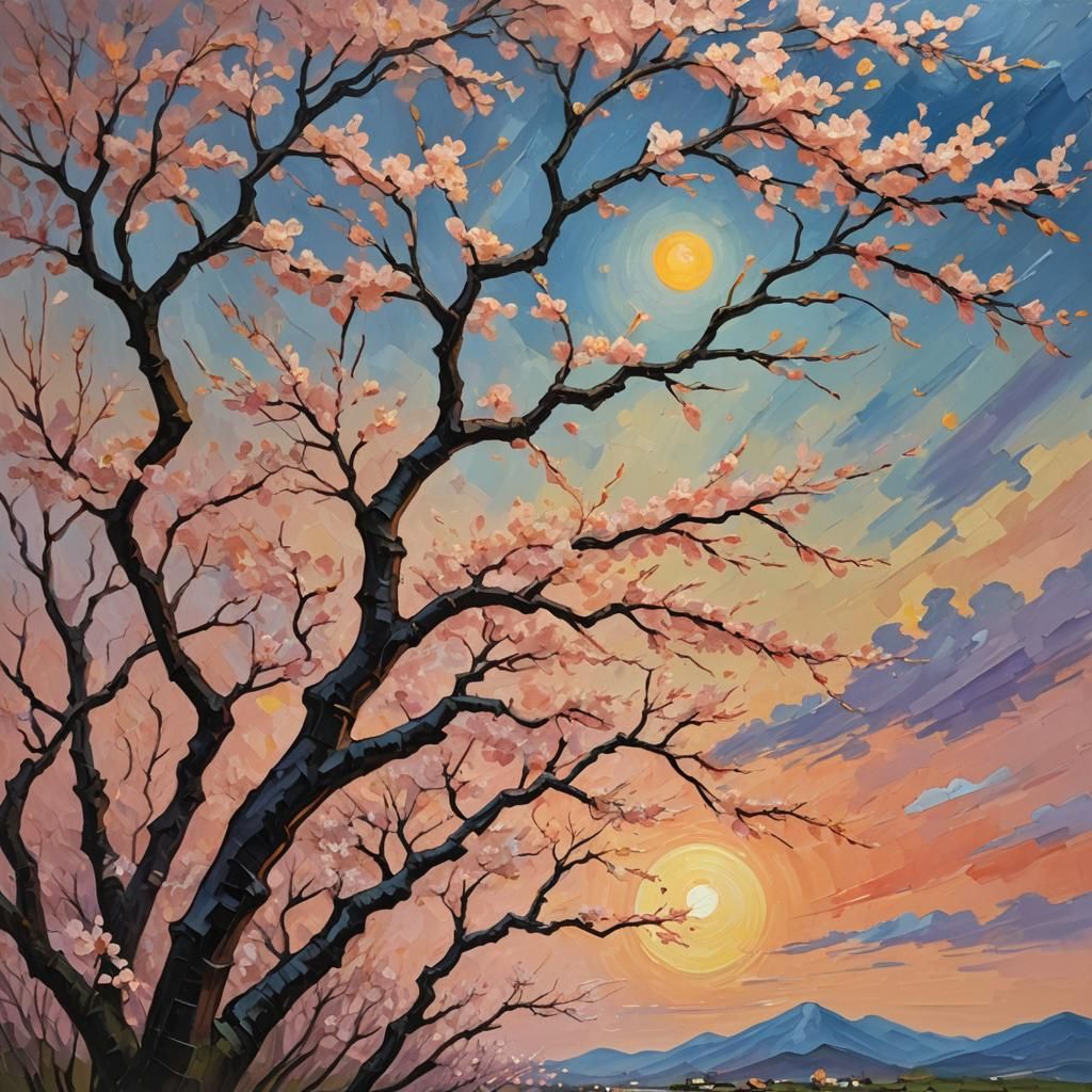 Cherry Blossoms at Sunset: Neo-Impressionist Oil Painting
