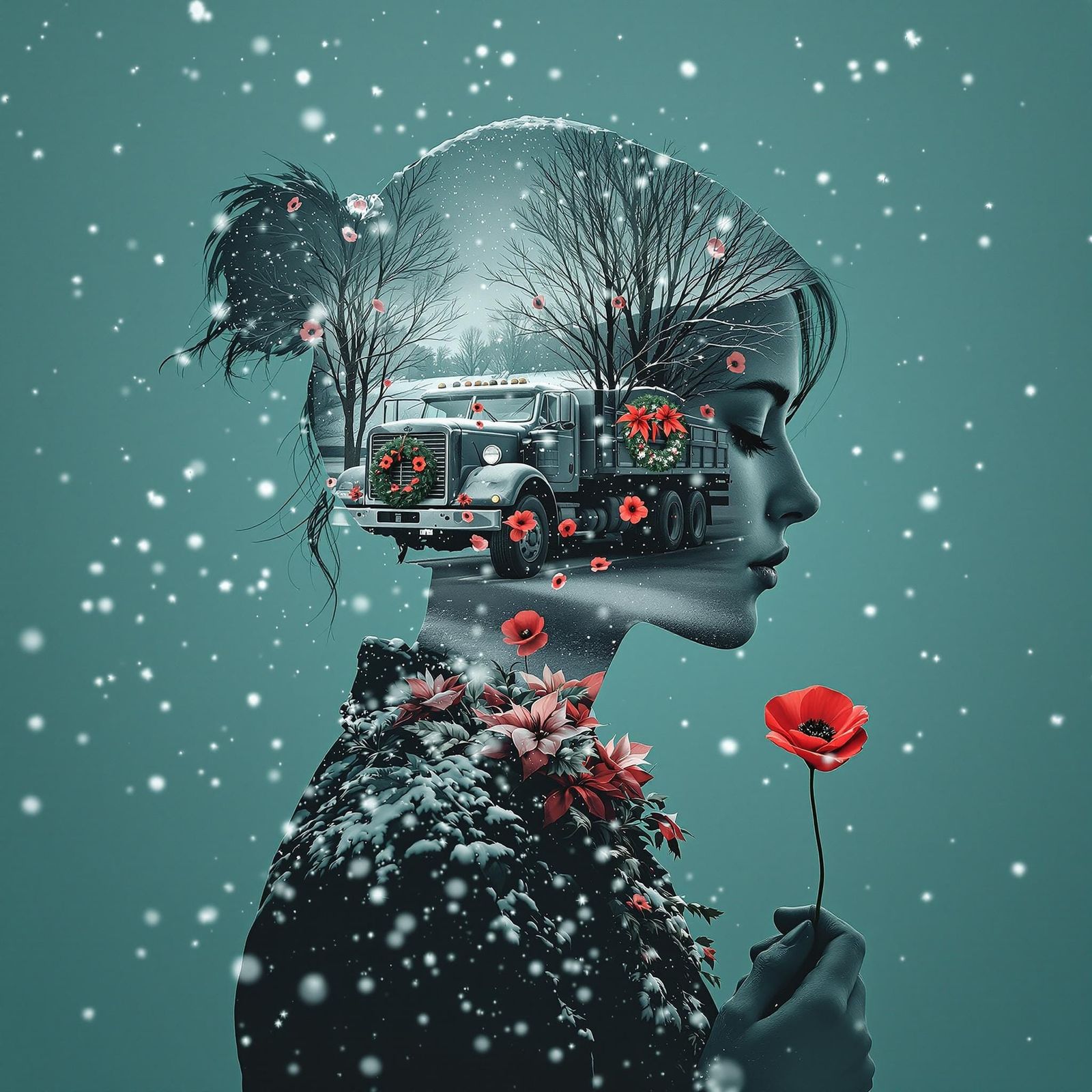 Silhouette with Winter War Double Exposure