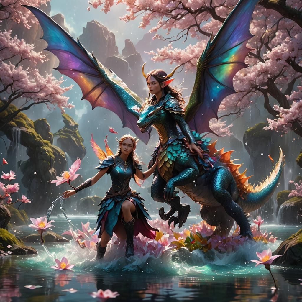 Elf Riding Dragon in Blossoms, Vibrant Oil Painting