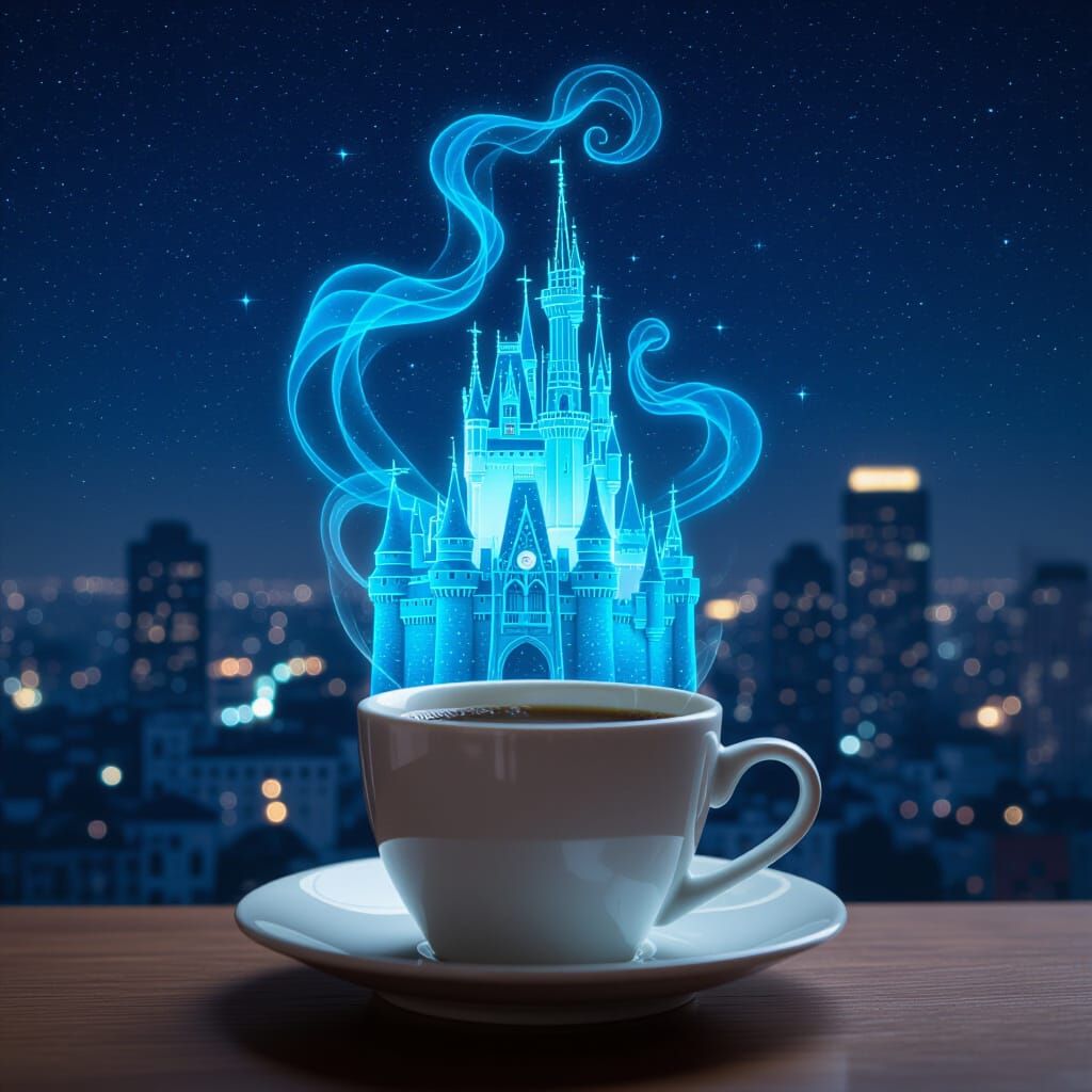 Steaming Coffee Cup Forms Magical Castle Against Night City