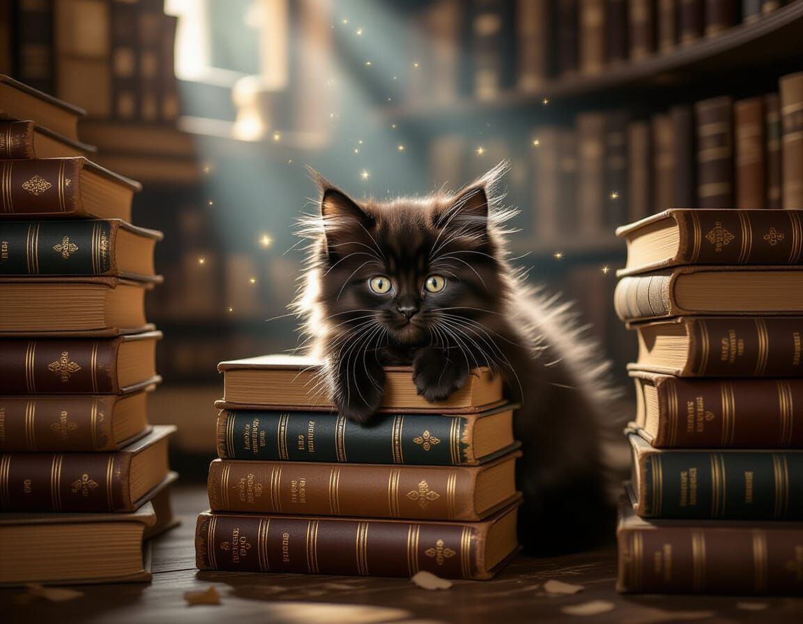 Black Kitten Peeking from Old Books in Dusty Shop