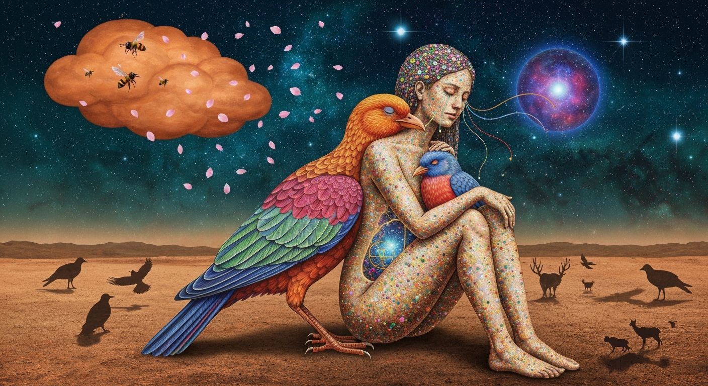 Shamanic Figure with Bioluminescent Bird in Cosmic Forest