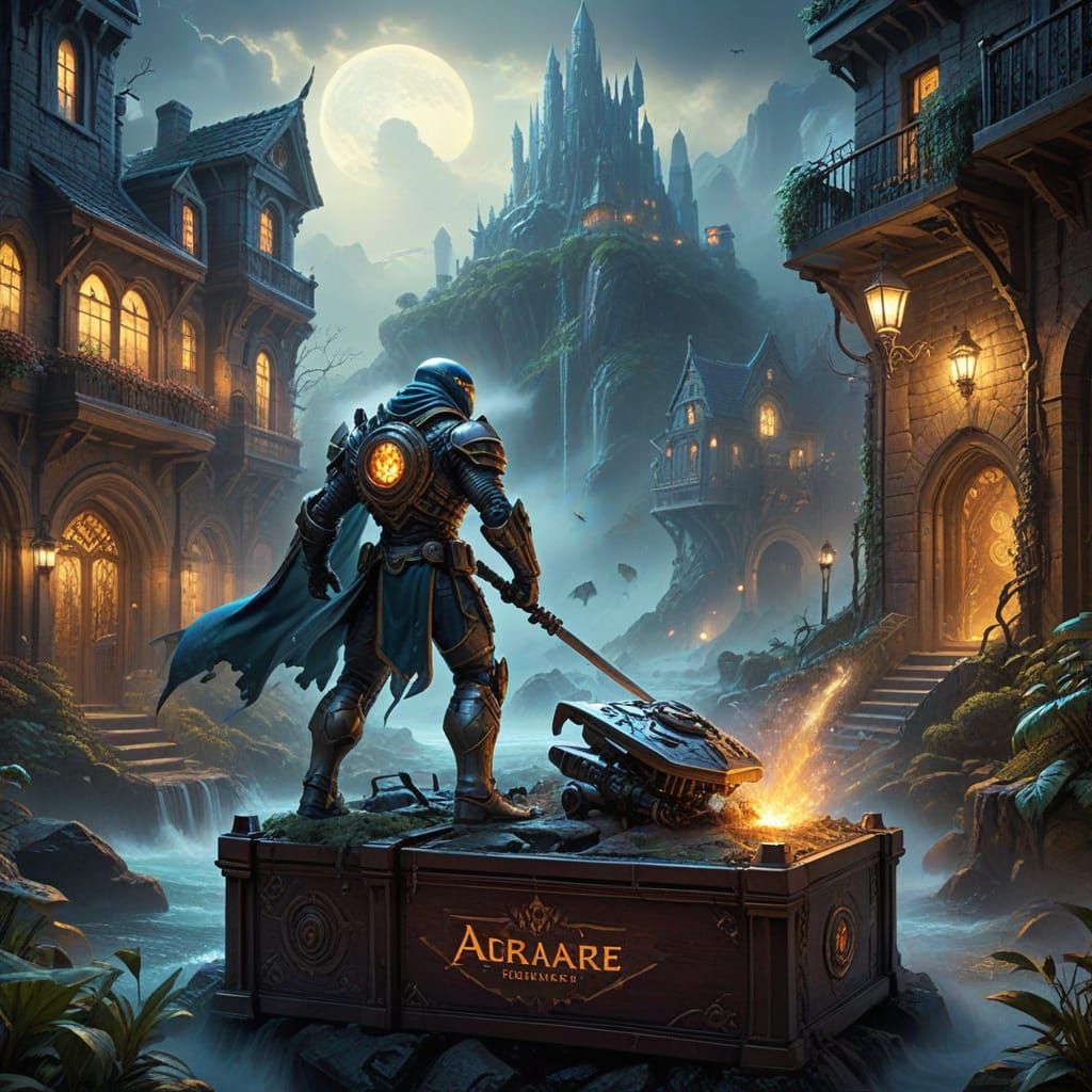 „Futuristischer Ritter verteidigt eine mystische Stadt unter Vollmondlicht – gotische Architektur trifft Fantasie und Sc...