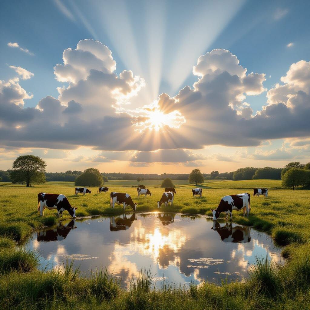 Hyper Realistic Cows by Reflecting Pond Under Billowing Clou...