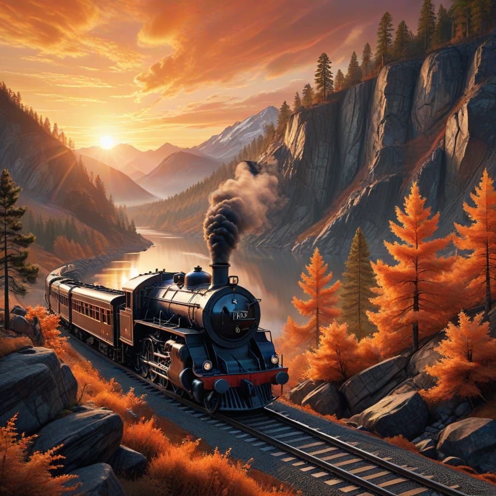 Vibrant Sunset Landscape with Steam Train