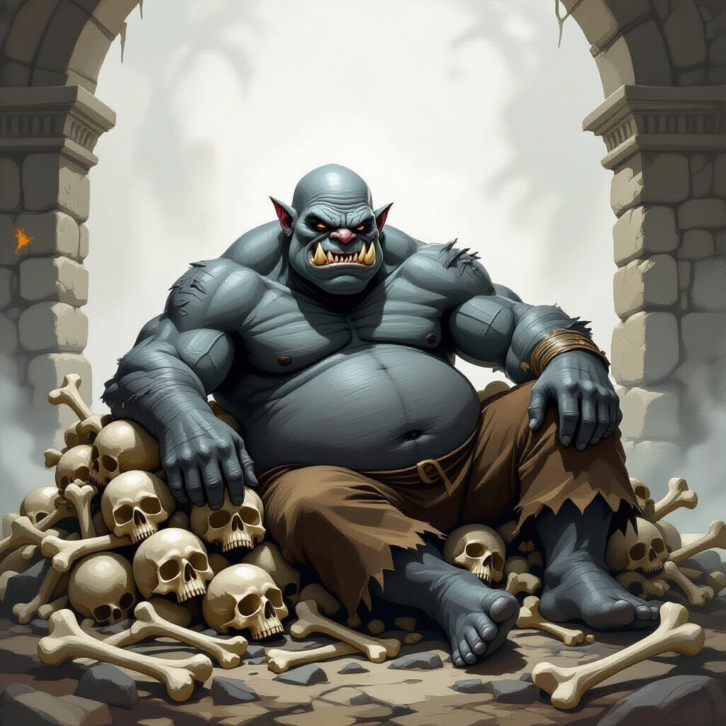 Ogre Lounging on Shattered Bones in Charcoal Sketch Style