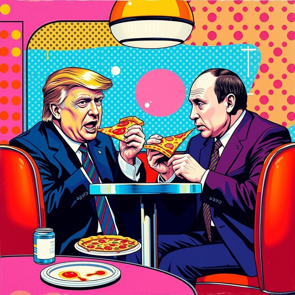 Donald Trump and Vladimir Putin Enjoy Pizza in a Colorful Di...