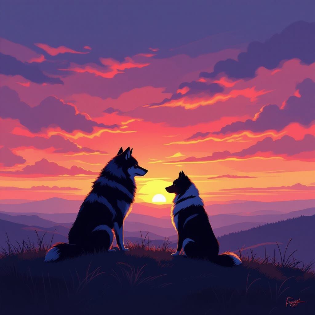 Wolf and Dog Silhouetted Against Fiery Sunset