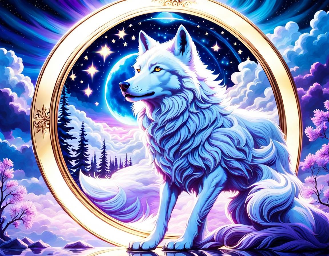 Fantasy Wolf Under Starry Night Sky