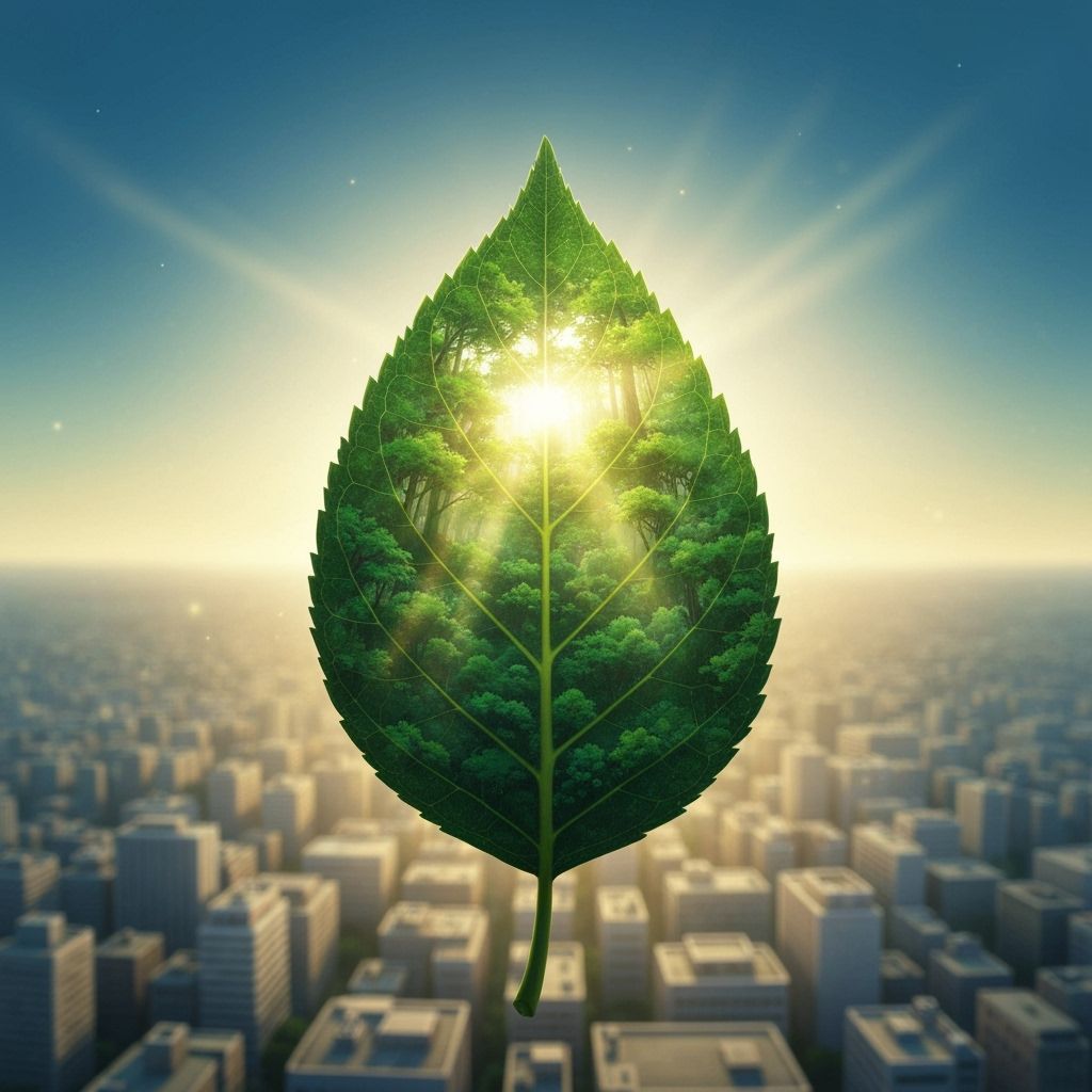 Vibrant Leaf with Forest Scene Over Cityscape