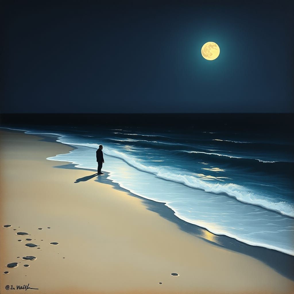 Contemplative Solitude on Moonlit Shore as Dreamy Seascape