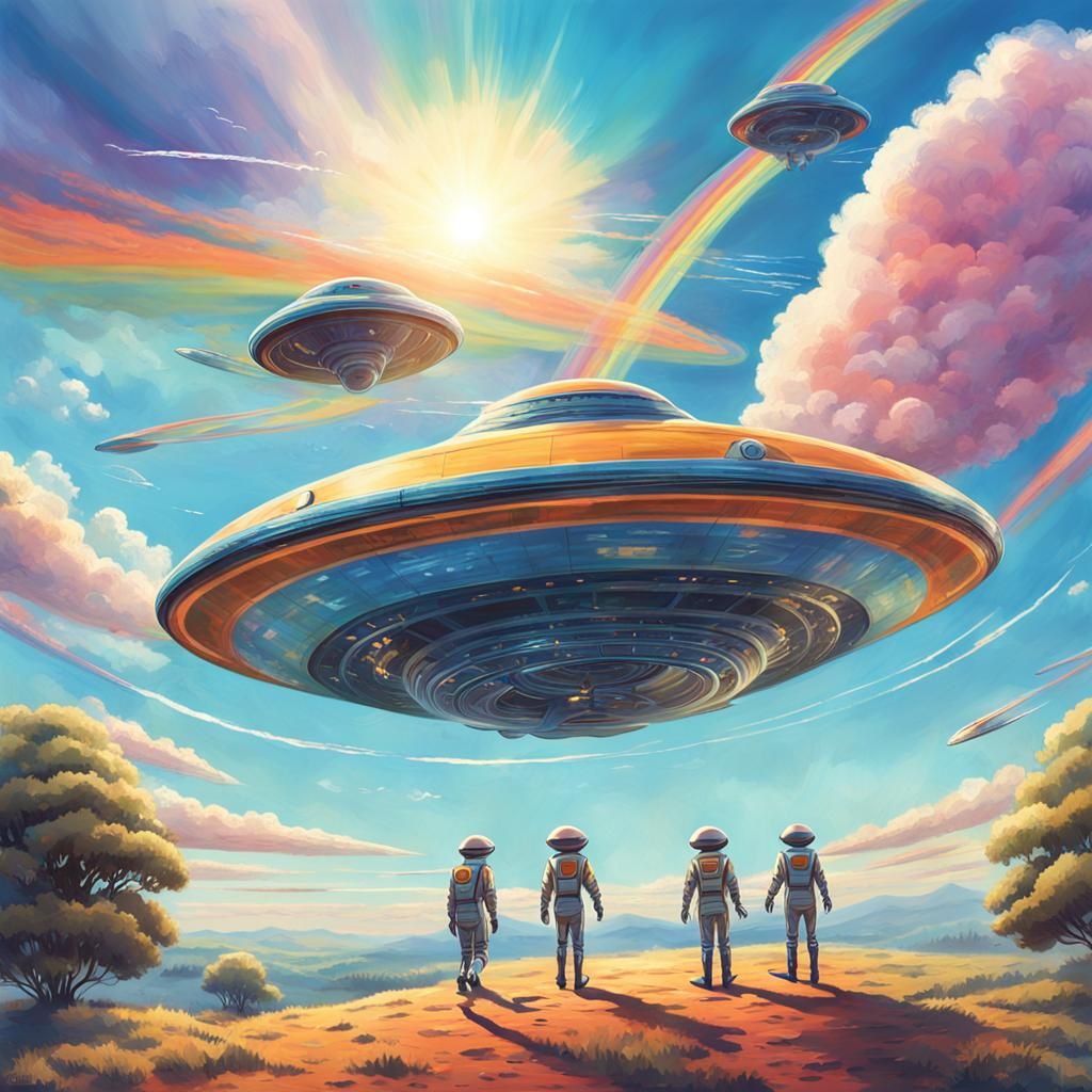 Aliens Jumping from Flying Saucer in Sci-Fi Illustration