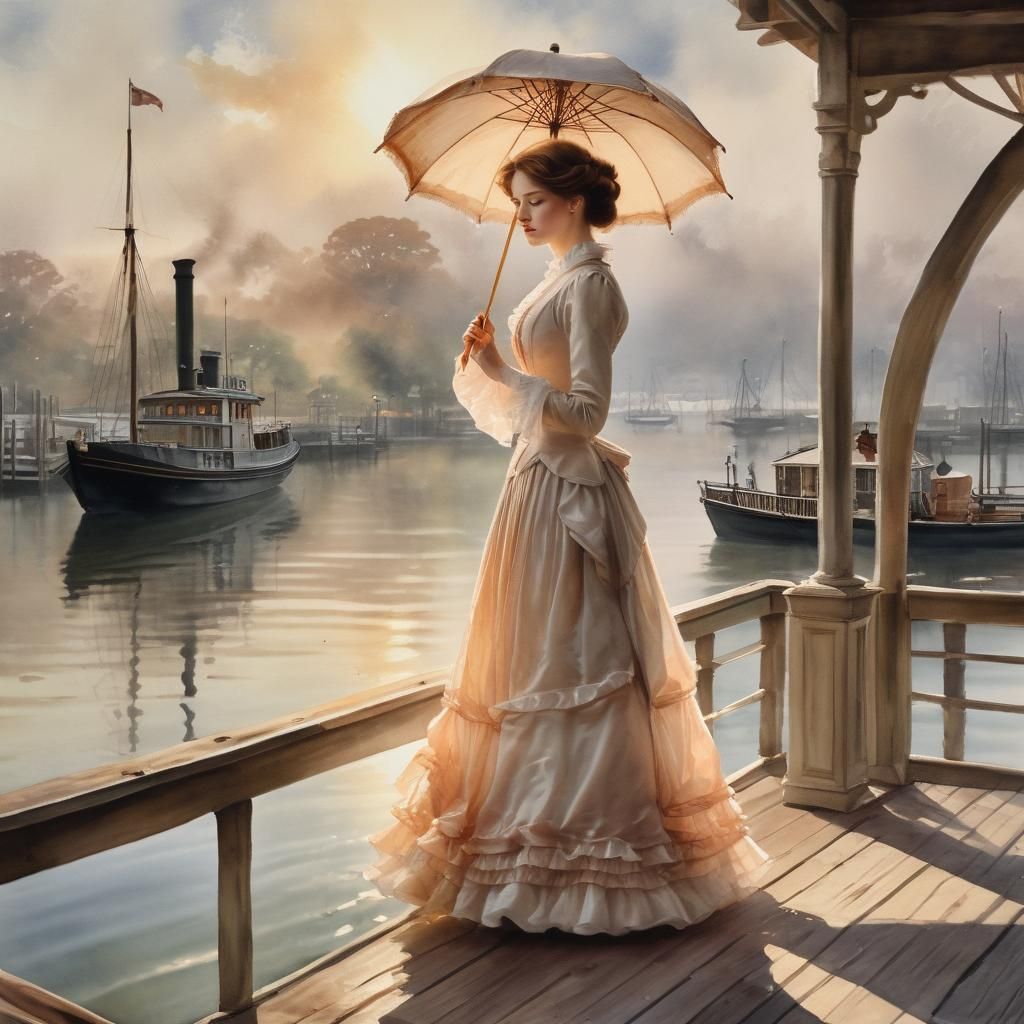 Victorian Woman Waving Goodbye: Impressionistic Watercolor