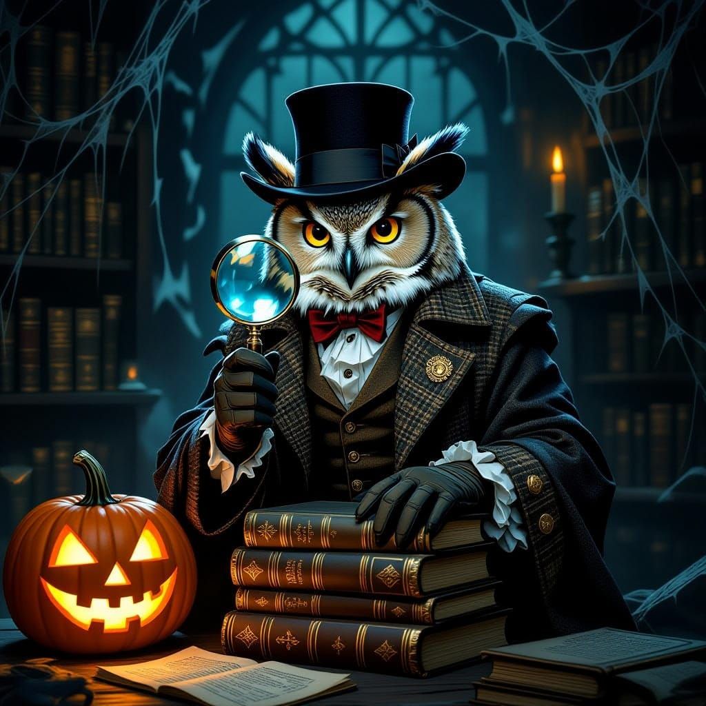 Victorian Detective Owl with Magnifying Glass