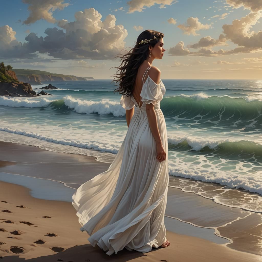 Woman in White Dress: Beach Oil Painting
