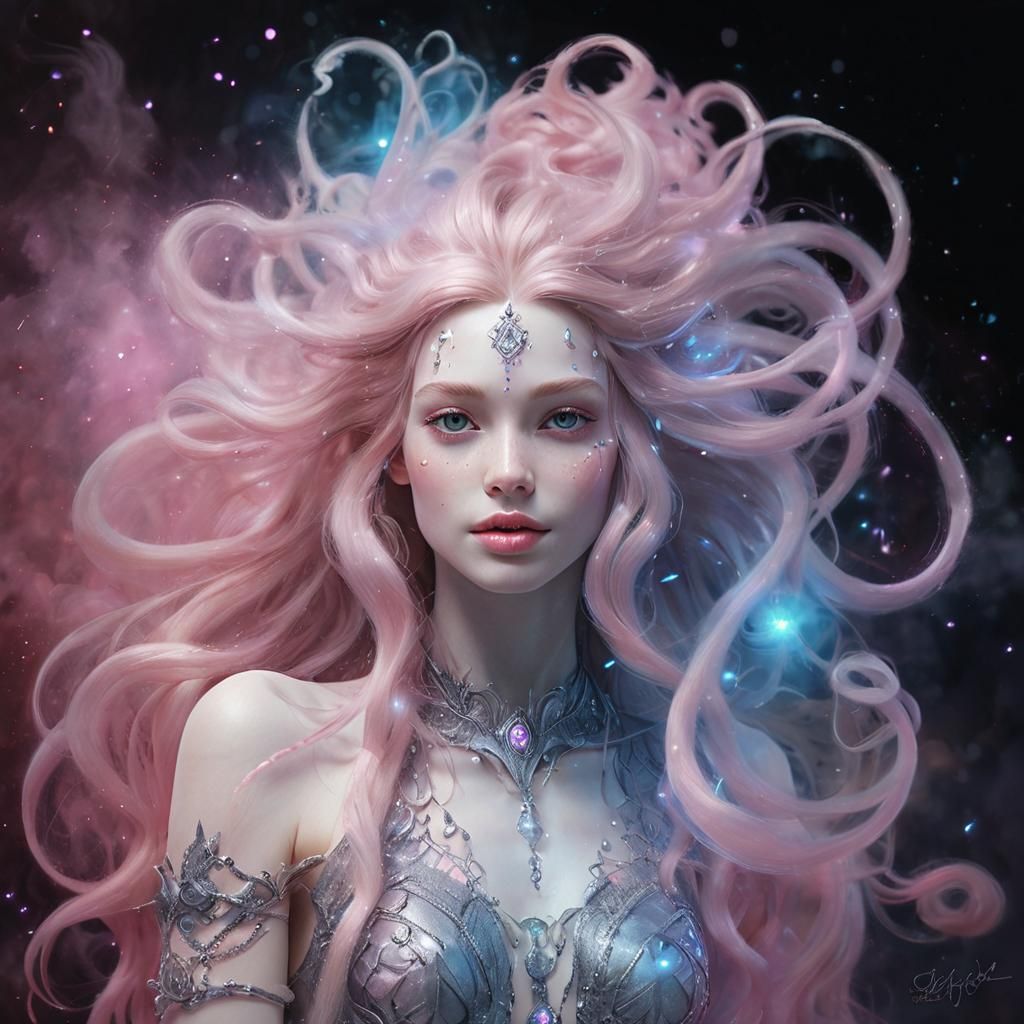 Beautiful Goddess with Pink Hair in Surreal Portrait