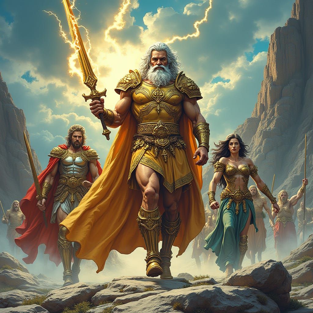 Zeus Leads Gods on Mount Olympus in Comic Style