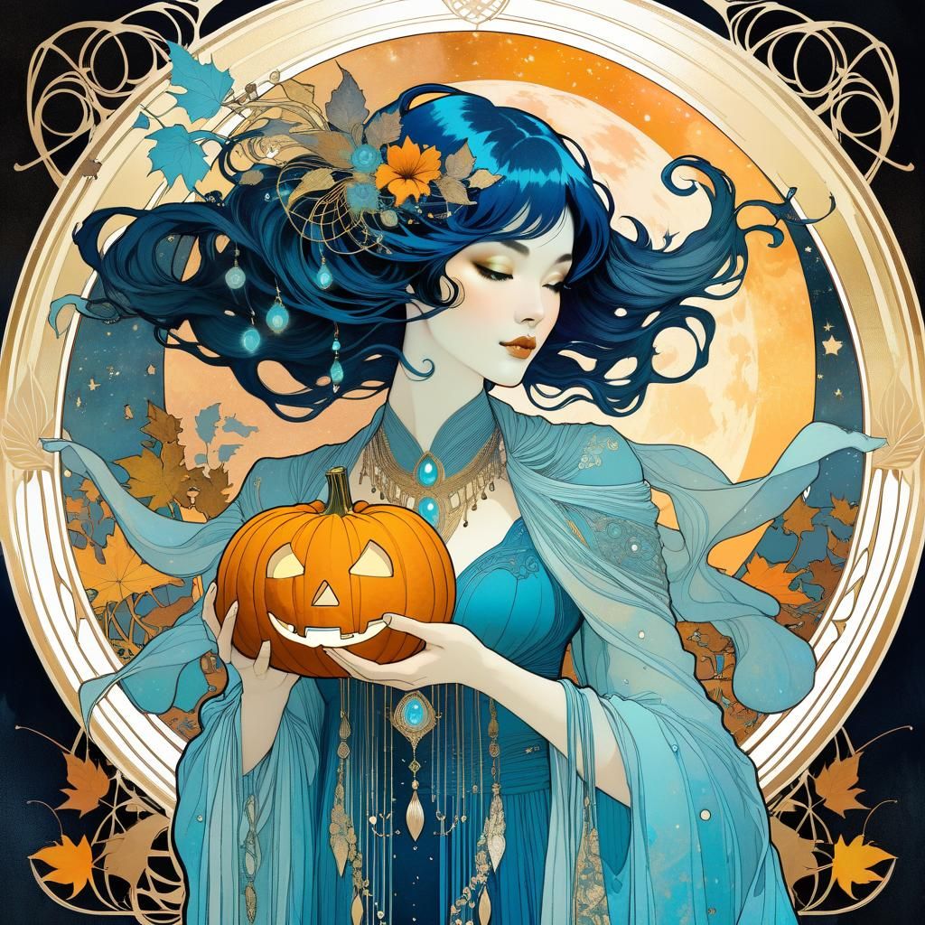 Ethereal Pumpkin Spirit in Art Nouveau Collage