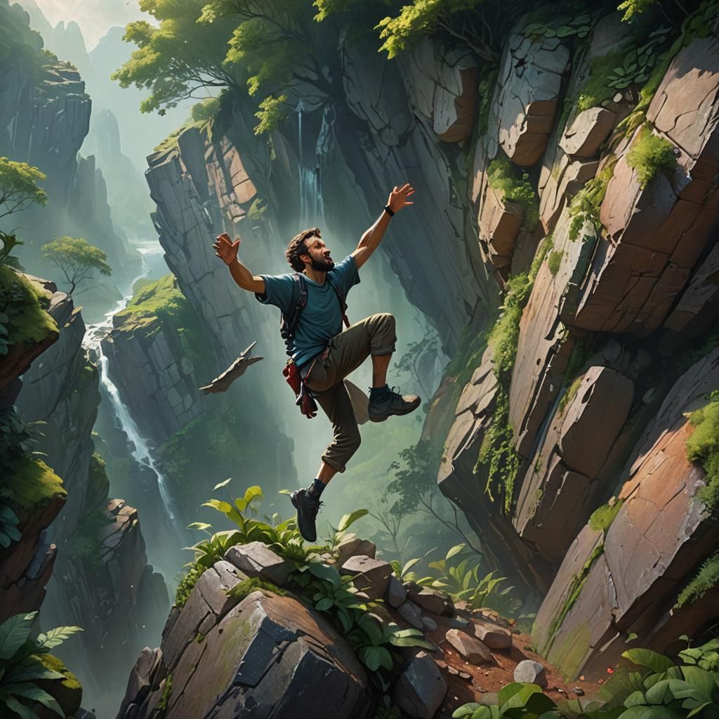 Figure Plummeting from Cliff in Dreamlike Landscape