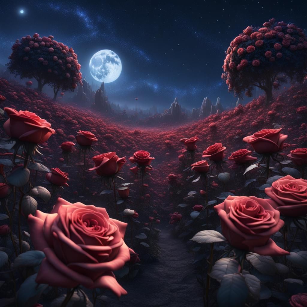 Dreamy Rose Garden Under Starry Night Sky