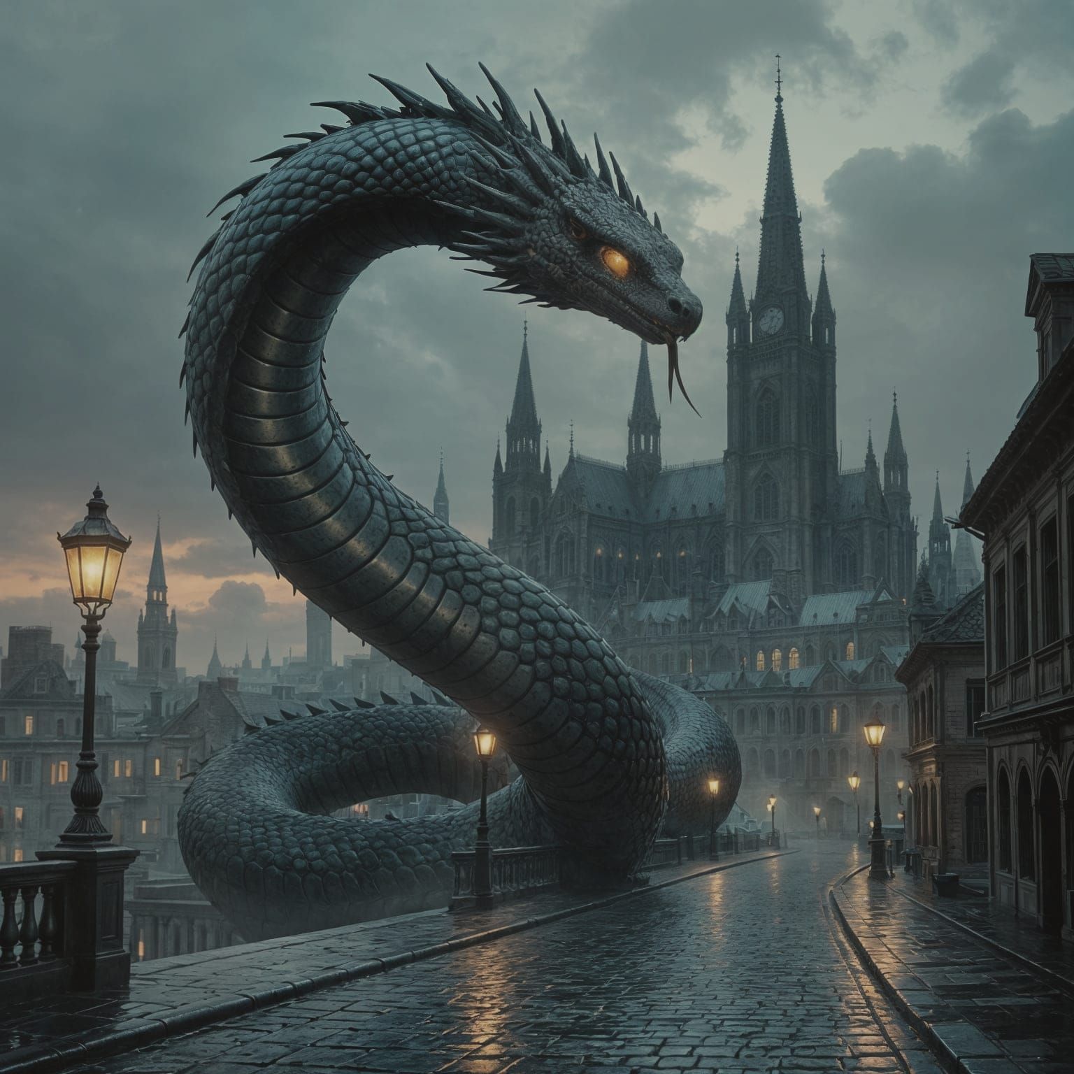 Colossal Serpent Over Gothic City at Dusk