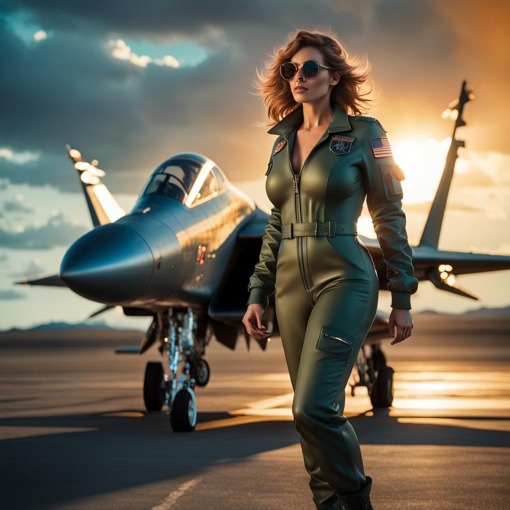 Hyperrealistic Supermodel Pilot near F-14 Fighter