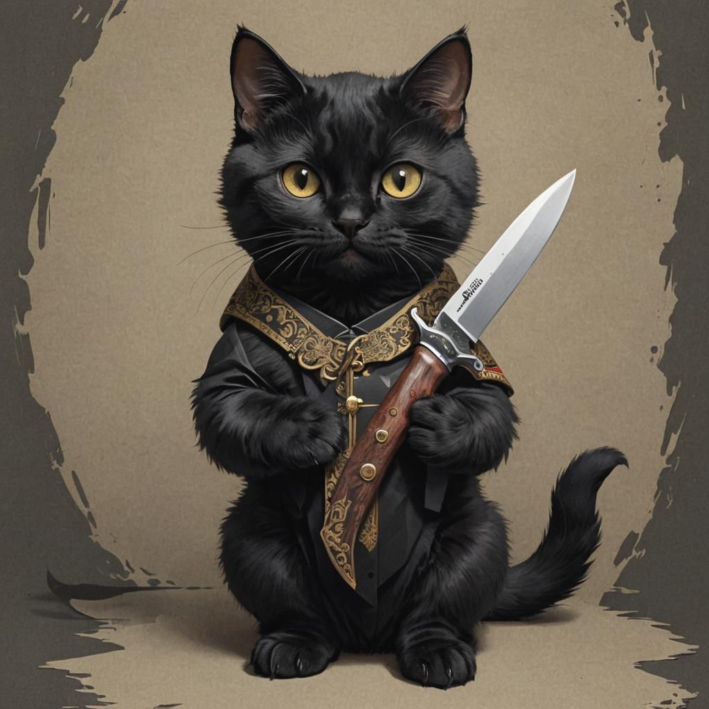 Cute Black Cat with Russian Folding Knife