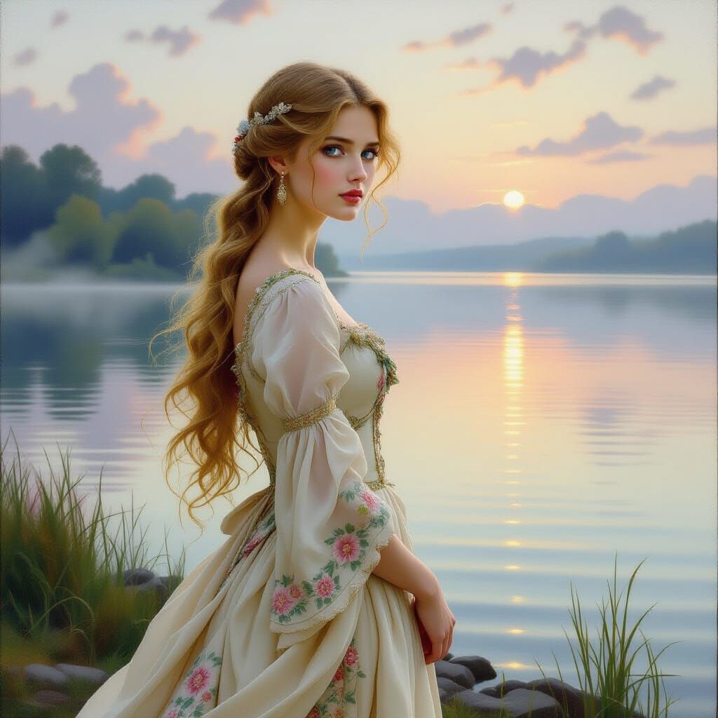 Romantic Woman by Misty Lake, in Pre-Raphaelite Style