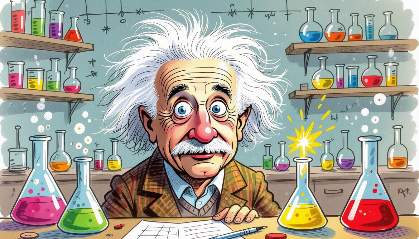 Einstein Caricature in Vibrant Watercolor Lab Sketch