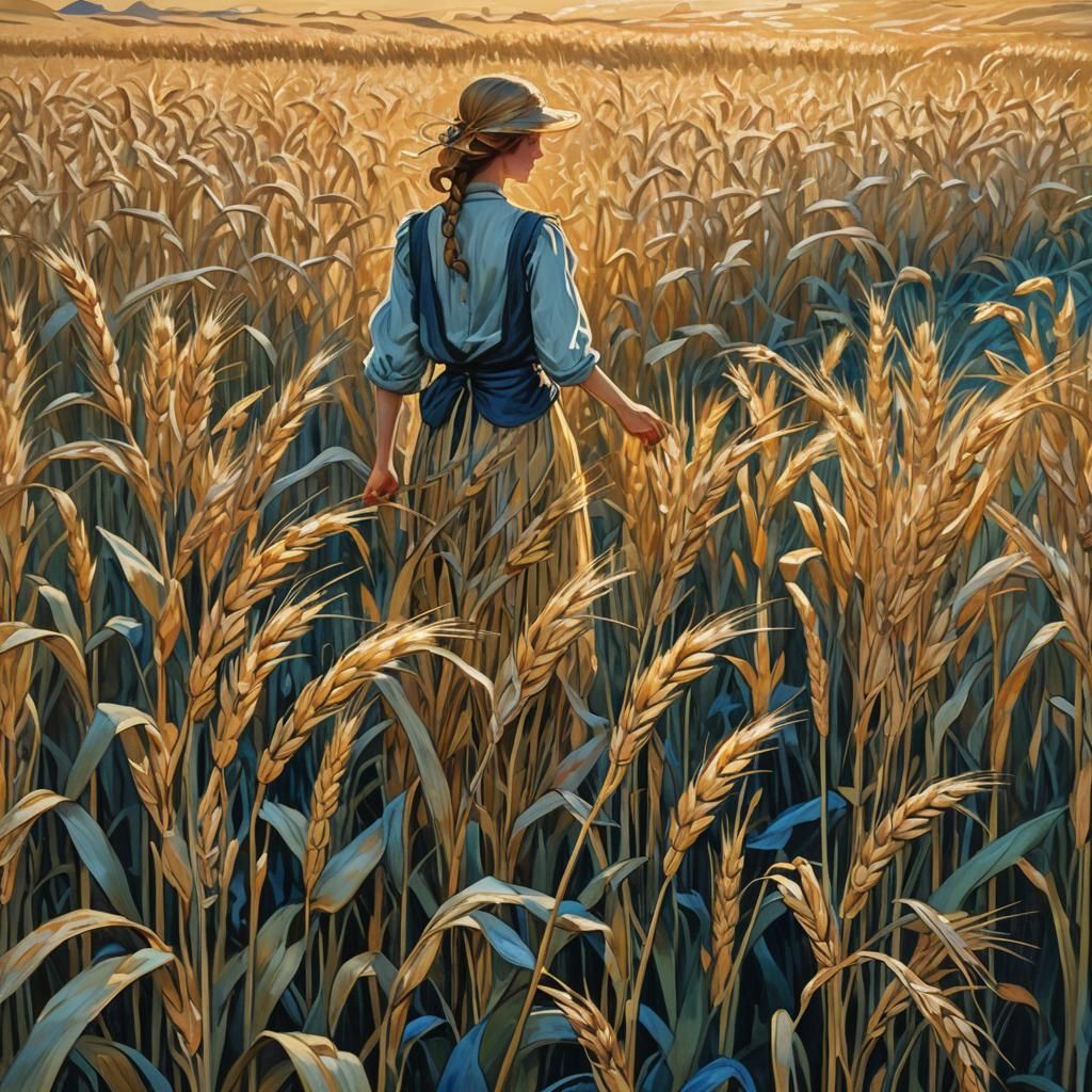 Golden Wheat Field Art Nouveau Oil Painting