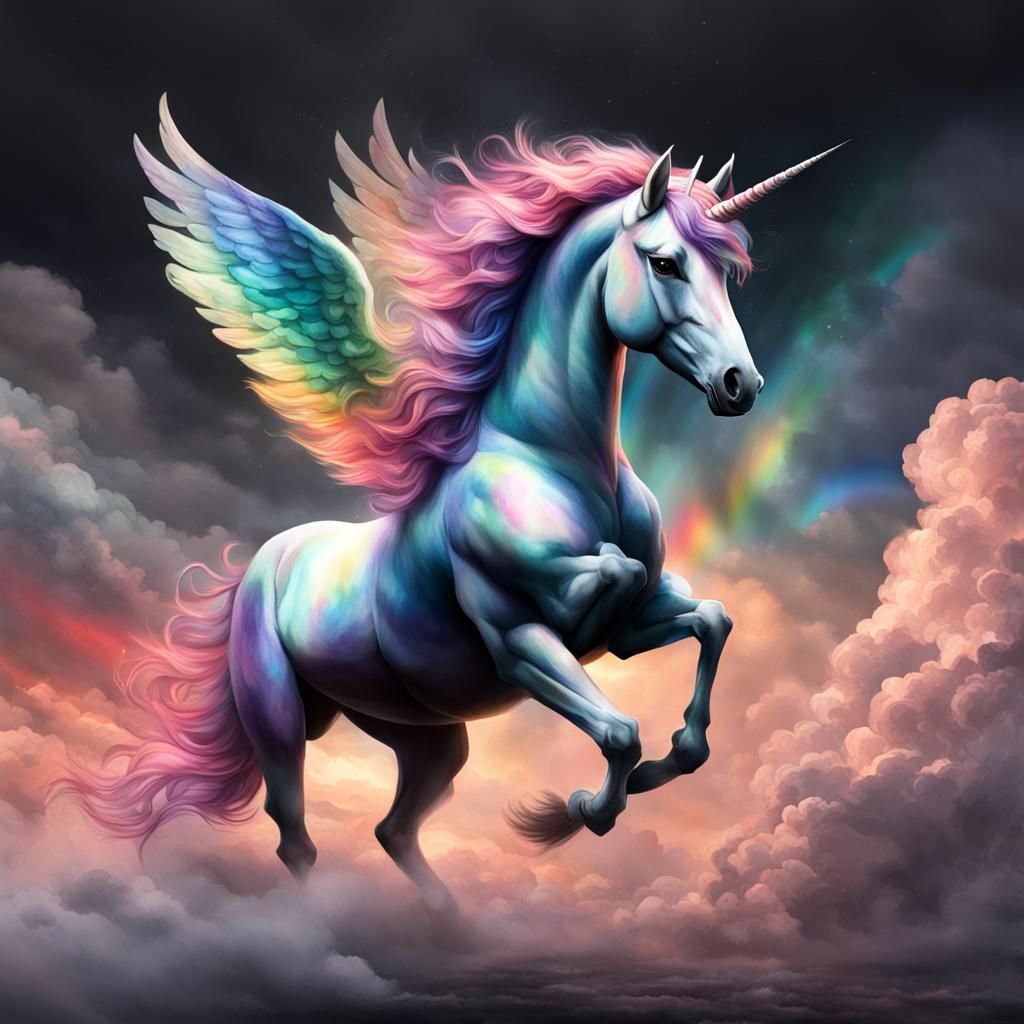 Rose Rainbow Unicorn in Smoky Clouds
