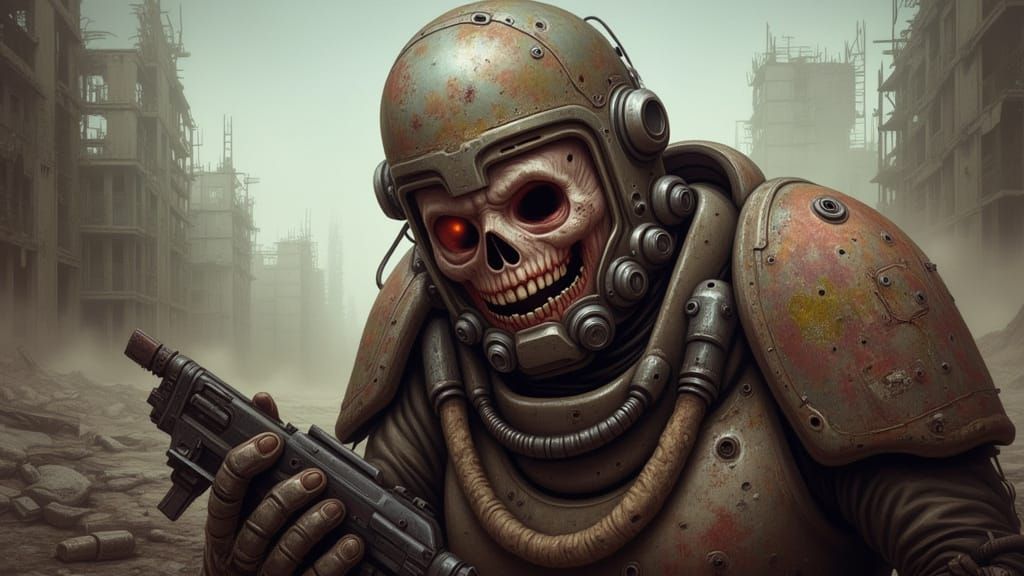 Warrior in Ruins: A Desperate Stand Amidst a Ravaged Citysca...