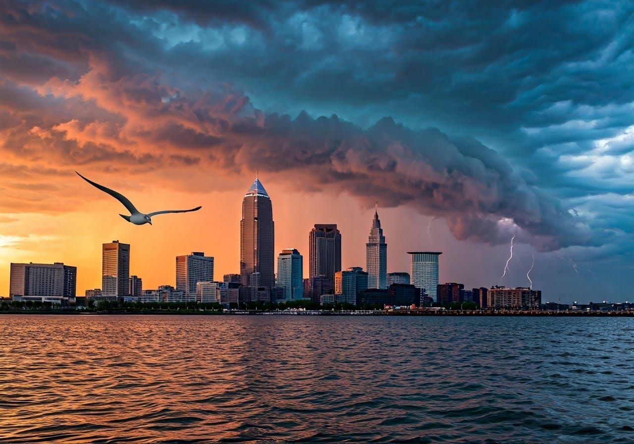 Cleveland Skyline at Sunset with Approaching Storm