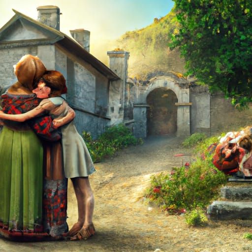 Elegant Women Embrace in Village Yard Painting