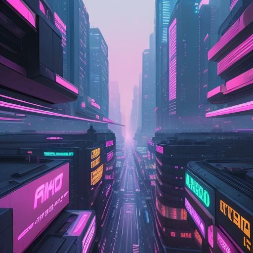 Futuristic Cityscape with Flying Cars in Neon Style